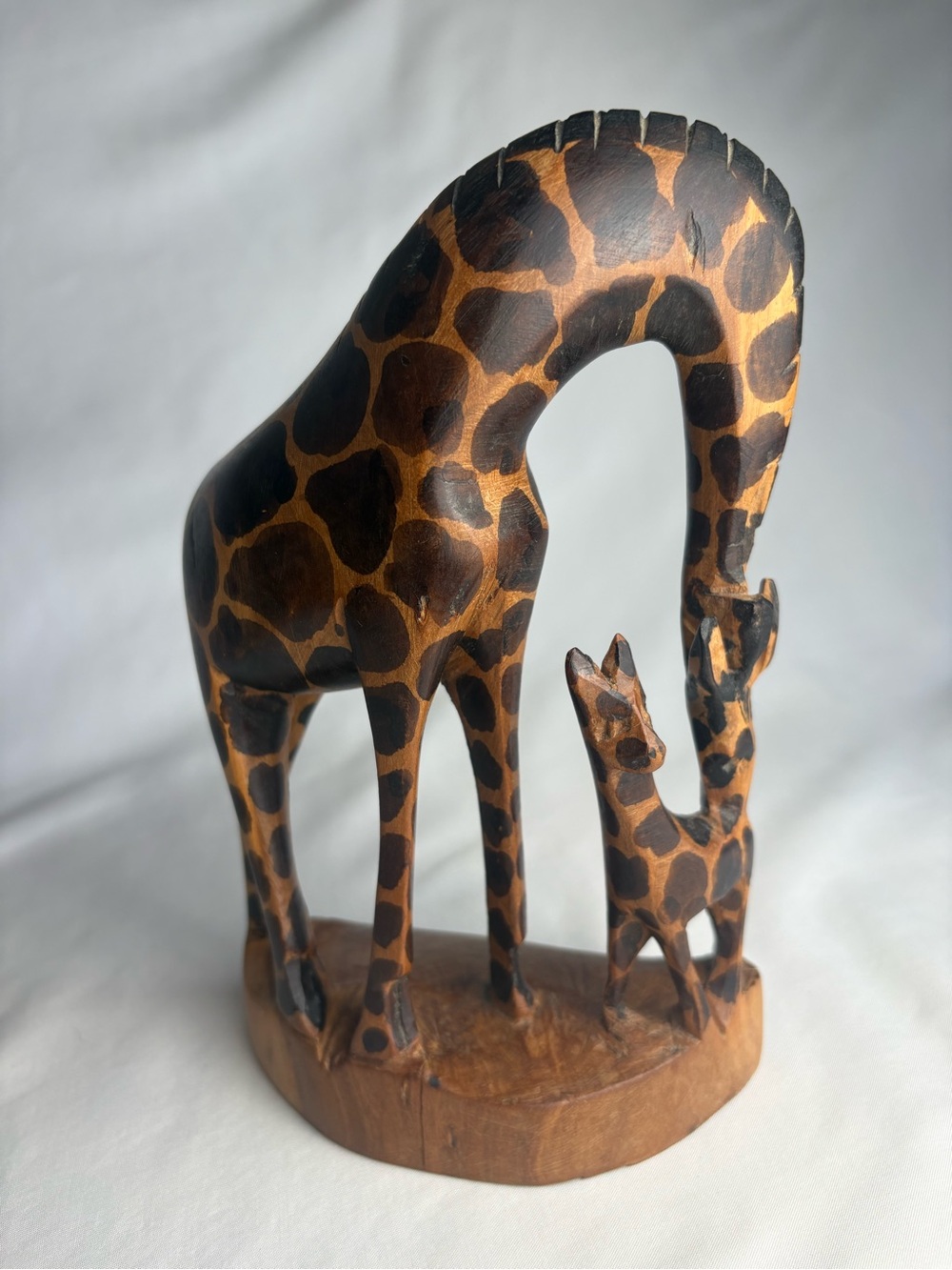 Vintage Hand Carved Wooden Mother & Baby Giraffe Sculpture 8.5"